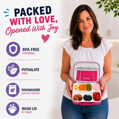 kinsho Lunch Boxes for Kids Girls Teens - Bento Box Set of 2 with Insulated Bag & Ice Pack, 6 Compartment Leak Proof Container, BPA-Free, Microwave Safe, Ideal for School & Work, Pink & Purple - color: Lilac + Pink