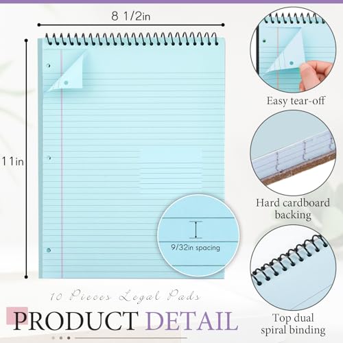 MotiMind 10 Pack 8.5" x 11" Top Spiral Notebook with 3 Hole Punched Legal Pads College Ruled Notepad 50 Sheets Hard Cardboard Paper Wirebound Notepad for Office School Business(Pink, Blue, Purple) - color: Pink, Blue, Purple