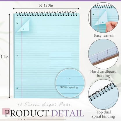 MotiMind 10 Pack 8.5" x 11" Top Spiral Notebook with 3 Hole Punched Legal Pads College Ruled Notepad 50 Sheets Hard Cardboard Paper Wirebound Notepad for Office School Business(Pink, Blue, Purple) - color: Pink, Blue, Purple