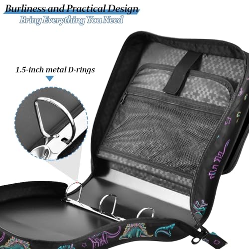 VIGTRO Dinosaur Pattern with Neon Colors 3 Ring Zipper Binder 1.5 Inch Binder Organizer Bag with Shoulder Strap and Handle File Folder for Office Work 500 Sheet Capacity