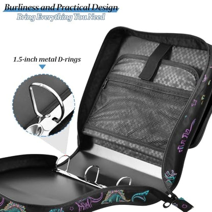 VIGTRO Dinosaur Pattern with Neon Colors 3 Ring Zipper Binder 1.5 Inch Binder Organizer Bag with Shoulder Strap and Handle File Folder for Office Work 500 Sheet Capacity