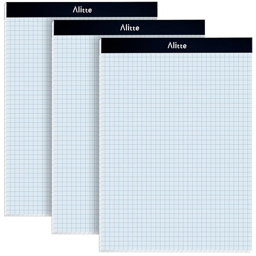 Alitte Graph Paper Pad, Pack of 3, White Letter Size - 4x4 Quad Grid Paper, With Blue Lines - Easy-Tear Perforations, 11x8.5 Cardboard Backing - Graph Notepads for School, Office -50 Sheets per Pad - size: 4x4 sq/in 3 Pack