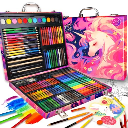 Cokiki Art Supplies,184-Piece Art Sets for Kids 6-12,Unicorn Pink Princess Christmas Birthday Drawing Art Kit with Colored Pencils,Crayons,Oil Pastels,Watercolor Paint Set for Kids Girls Teens - color: Fantasy Unicorn