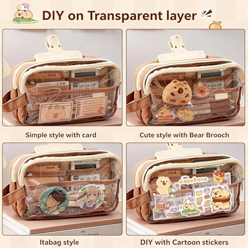 Large Capacity Clear Pencil Case, Waterproof Multi-Layer Pencil Pouch with Capybara Plush and Stickers,Office Supplies Desk Organizer, Big Pen Case for Adults, Cosmetic Bag Travel Stationery Holder