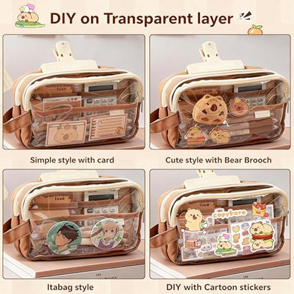 Large Capacity Clear Pencil Case, Waterproof Multi-Layer Pencil Pouch with Capybara Plush and Stickers,Office Supplies Desk Organizer, Big Pen Case for Adults, Cosmetic Bag Travel Stationery Holder