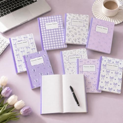 8 Pack Purple Bow Composition Notebooks Bulk Purple Notebook College Ruled Journal 100 Pages Cute Aesthetic Bow Composition Books Back to School Gift for Student Teacher Office Supplies 9.7x7.5 Inch - color: Purple Bow