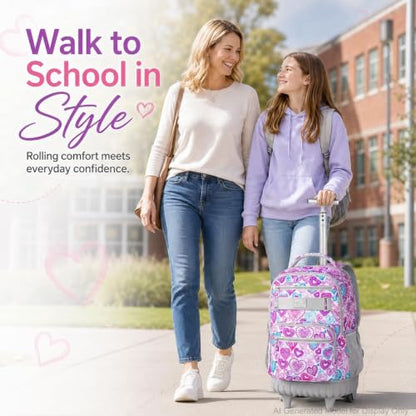 3pcs Rolling Backpack for Girls, 19 Inche Adult Bag with Roller Wheels, Wheeled Bookbag Set for Women - PinkGrey - color: Love Pinkgrey