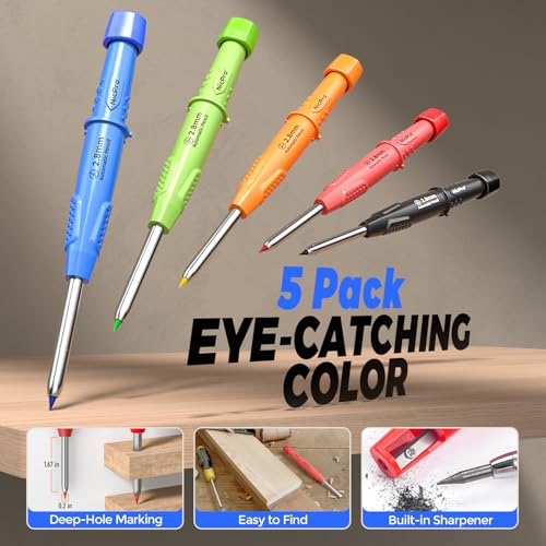 Nicpro 44Pcs Carpenter Pencil with Sharpener, Carpenter Tool in Canvas Case | 169 Refill,Carpenter Pencil Set with 6 Deep Hole Long Nib Marker Pen, Scribe Tool, Construction Pencils for Architect Marking - size: 44 Pack