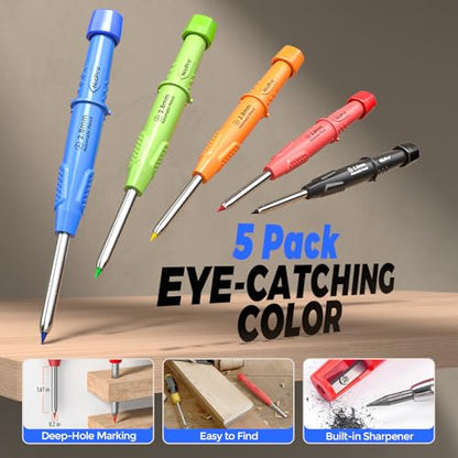 Nicpro 44Pcs Carpenter Pencil with Sharpener, Carpenter Tool in Canvas Case | 169 Refill,Carpenter Pencil Set with 6 Deep Hole Long Nib Marker Pen, Scribe Tool, Construction Pencils for Architect Marking - size: 44 Pack