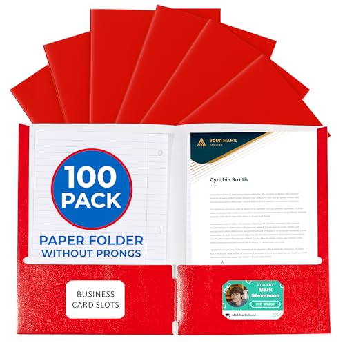 100 Pack Red 2 Pocket Paper Folders. EPI Heavy Duty, Bulk Folders with Pockets and Business Card Slots. Colored Letter Size Document Organizers. Durable Portfolio for School, College, Office Files - color: Red, style: No Prongs