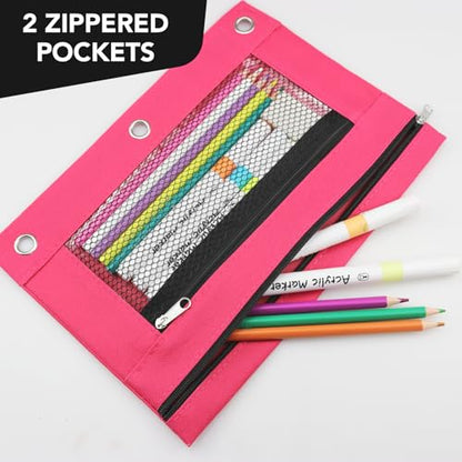 3 Ring Pencil Pouch for Binder, 2-Pocket Zipper Pencil Case with Clear Window & Mesh Pocket, 600D Oxford Fabric Binder Pouch for School Office Supplies, Fits Standard 3-Ring Binders, Rose Red - color: Rose Red