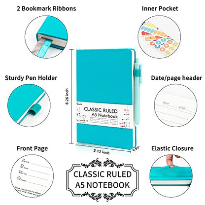 feela 12 Pack Notebooks Journals Bulk with 12 Black Pens, A5 Hardcover Notebook Classic Ruled Journal Set with Pen Holder for School Business Work Travel Writing, 120 GSM, 5.1”x8.3”, Emerald - color: 12 Pack emerald