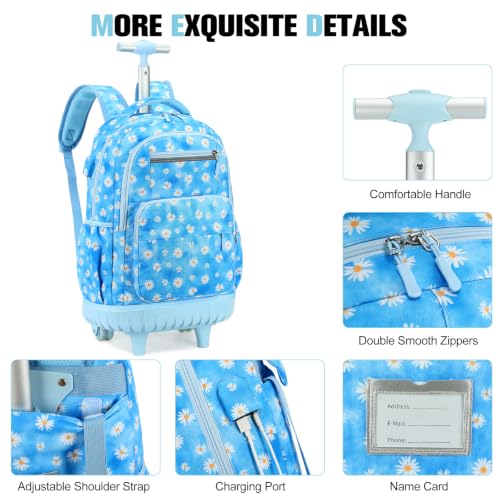 ACESAK Rolling Backpack for Girls - Roller Wheels School bag with Lunch Bag & Pencil Pouch for Teen Girls Kids Wheeled Suitcase Backpacks, Elementary Middle School Travel Daypack (Blue Daisy) - color: Blue Daisy