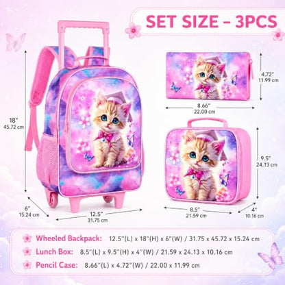 gxtvo Girls Rolling Backpack, Cute Cat Roller Wheels Kids Bookbag - Wheeled Elementary School Bag - 3PCS Cat - color: Dr.cat Rolling Set