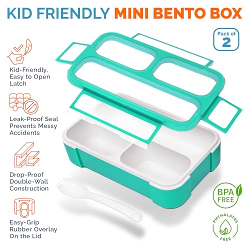 Small Snack Containers for Kids Toddlers - 3 Compartments (Set of 2) - Leak-Proof Reusable Boxes with Lids - BPA-Free Plastic Mini Bento Lunch Box - Ideal for School, Holds 2 Cups (Teal Blue+Orange) | 3 Compartments, Leak-Proof, Spill Proof, BPA-Free Reus