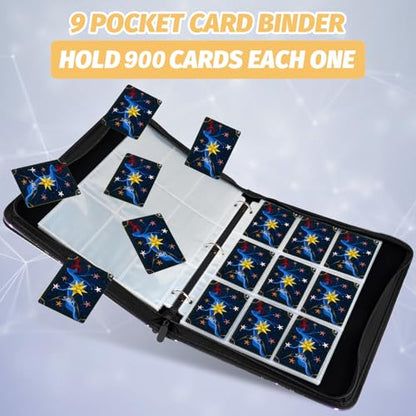 900 Pockets Round Ring Trading Card Binder, 9-Pocket Clear Zipper Card Album with Wrist Strap, Holds 900 Standard TCG & Sports Cards, Not Fit Top Loaders (Carbon Black) - color: 9 Pocket 900 Carton Black