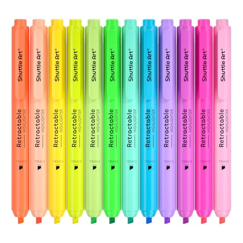 Shuttle Art Retractable Highlighters Assorted Colors, 12 Colors(6 Pastel & 6 Neon) Chisel Tip Fluorescent Markers, Quick-Dry Aesthetic Highlighter Pens for Adults, Perfect for School Office Home