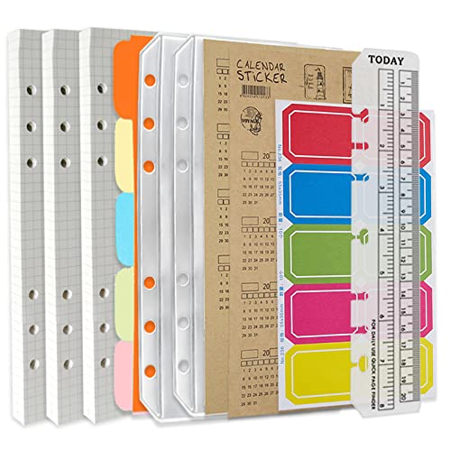 DY.2ten A5 6-Hole Binder Notebook Refills Set - 135 Sheets (270 Pages) Graph Paper + 2pcs A5 Zipper Binder Pockets + 5 Pcs A5 Dividers + Index Note Tabs + Index with Date + Ruler - color: A5 Square Paper