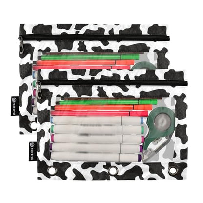 Binder Pouches 3 Ring for Boys Girls Black White Cow Print Zipper Pencil Pouches Case Bag with Clear Window School College Office Supplies 2 Pack - color: Cow Print