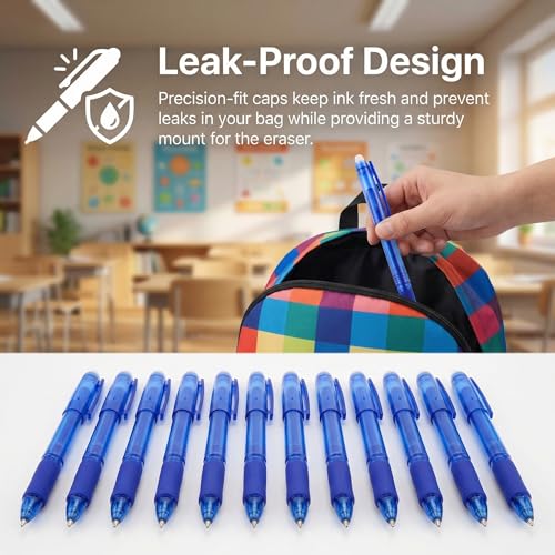 Volcanics Blue Erasable Gel Pens, 0.7mm Fine Point Gel Erasable Pens - Compatible with Rocketbook, 12 Pack, Smooth Writing Pens Pencil-Like Precision for School & Office - color: Blue, size: 1 Count (Pack of 12)