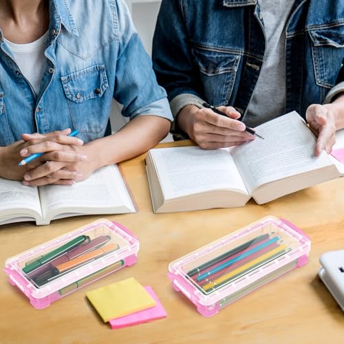 Gueevin 24 Pcs Large Capacity Plastic Pencil Box Clear Plastic Pencil Case Crayon Box with Snap Tight Lid Watercolor Pen Storage Brush Organizer Drawing Tools Container (Light Pink) - color: Light Pink