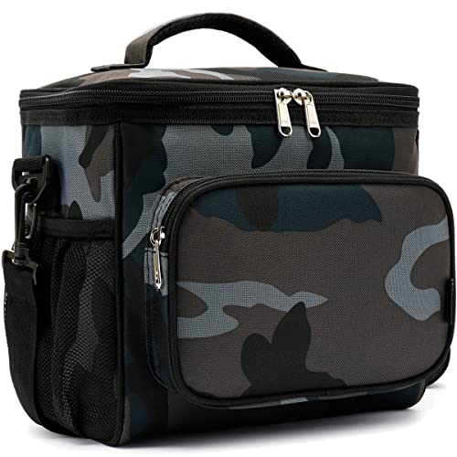 FlowFly Insulated Reusable Lunch Bag Adult Large Lunch Box for Women and Men with Adjustable Shoulder Strap,Front Zipper Pocket and Dual Large Mesh Side Pockets,BlackCamo - color: BlackCamo