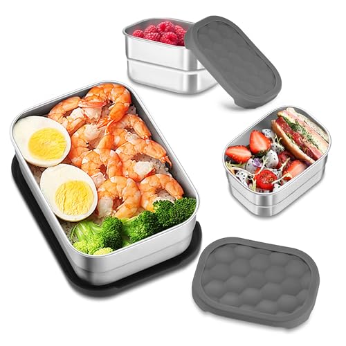 HaWare Stainless Steel Lunch Box for Kids, 8oz*2+25oz | Leak Proof, Silicone Lids, Easy Open, Portable Metal Bento Box, Dishwasher Safe - color: Gray, size: 8oz×2+25oz×1