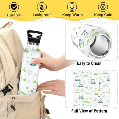 Insulated Water Bottle with Straw Golf Pattern Sports 20 Oz Kids Stainless Steel Water Flask Sports Travel Mug for Boys Girls - color: Multi10