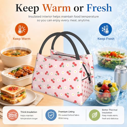 Lunch Box for Women,Cute Cherry Insulated Lunch Bag,Flowers Pink Leakproof Thermal Insulation Cooler Tote Bags for Teacher Nurse Kids School Work Picnic - color: Cute Cherry