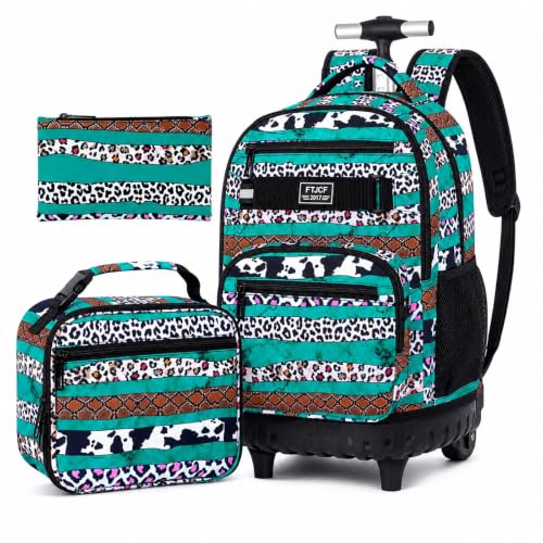 AGSDON Bold Leopard Stripe Wheeled Backpack Set – 20” Girls Rolling Bookbag with Matching Lunch Box for Travel, Commute & School | Water-Resistant Fashion Roller Organizer in Green - color: Rolling Backpack Set - Leopard Stripe Green