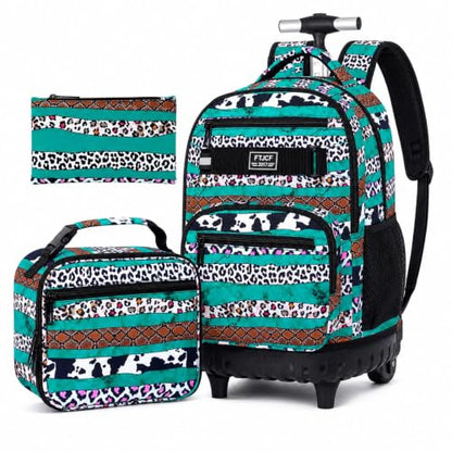 AGSDON Bold Leopard Stripe Wheeled Backpack Set – 20” Girls Rolling Bookbag with Matching Lunch Box for Travel, Commute & School | Water-Resistant Fashion Roller Organizer in Green - color: Rolling Backpack Set - Leopard Stripe Green