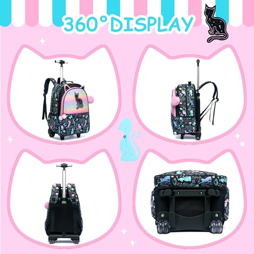 Black Backpack with Wheels for Girls,Cute Cat Rolling Backpack,Travel Carry On Luggage Kids Suitcase with Lunch Box Pencil Case for Ages 6-8 - color: Black Cat