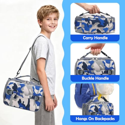 FlowFly Kids Lunch Bag, Durable Insulated School Lunch Box with Shoulder Strap and Bottle Holder, Water-resistant Thermal Small Lunch Cooler Tote for Teen Boys & Girls,Blue Camo - color: Blue Camo
