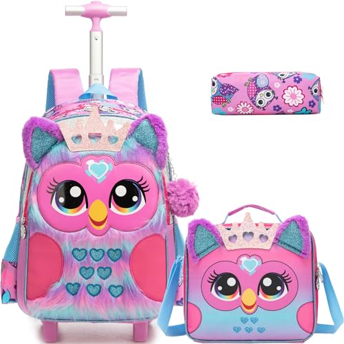 Meetbelify Backpack with Wheels for Girls Rolling Backpack Cute Carry on Backpack Kids Luggage with Lunch Box Pencil Case for Elementary Student - color: Owl