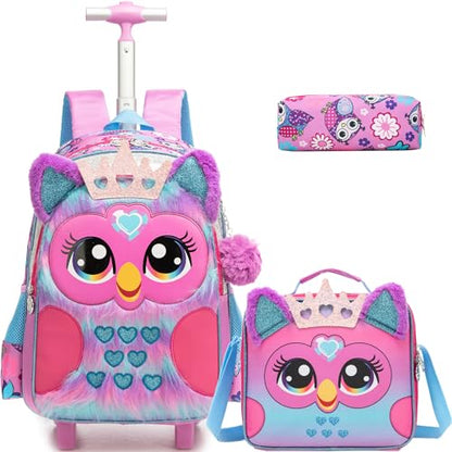 Meetbelify Backpack with Wheels for Girls Rolling Backpack Cute Carry on Backpack Kids Luggage with Lunch Box Pencil Case for Elementary Student - color: Owl