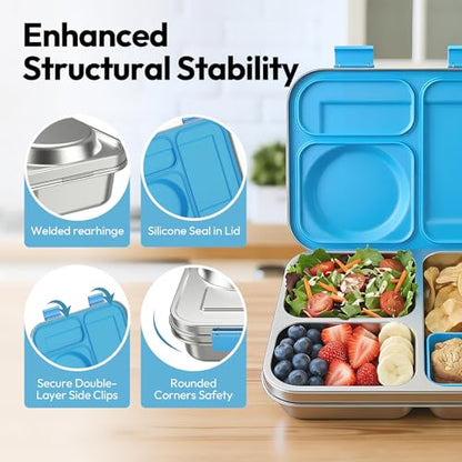 Stainless Steel Bento Lunch Box with 8oz Insulated Food Jar, 3 Compartment Metal Bento Lunch Container for Kids & Adults with Silicone Container and Food Thermo for Work & School, BPA-Free(Blue) - color: Blue