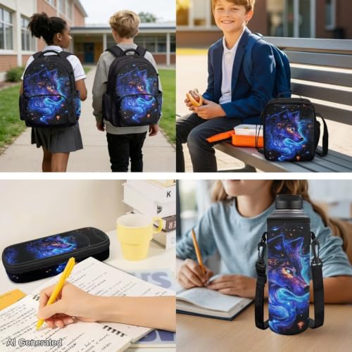 Galaxy Wolf Backpack for Boys Girls Backpack with Lunch Box Water Bottle Pouch and Soft Pencil Case 4PCS Set Cute Bookbag with Front Pocket 17" Large School Bag for Graduation Season Gift - color: Cool Galaxy Wolf