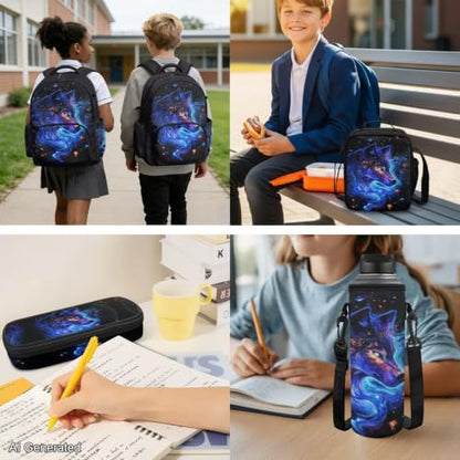 Galaxy Wolf Backpack for Boys Girls Backpack with Lunch Box Water Bottle Pouch and Soft Pencil Case 4PCS Set Cute Bookbag with Front Pocket 17" Large School Bag for Graduation Season Gift - color: Cool Galaxy Wolf