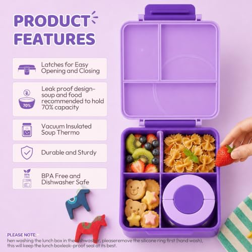 Itslife Bento Lunch Box for Kids with 8oz Soup Thermo&Lunch Bag, Leak-Proof Lunch Food Containers with 4 Compartment, Hot Food Insulated Food Jar for Kids School (Purple) - color: Purple