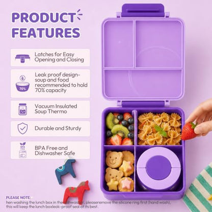 Itslife Bento Lunch Box for Kids with 8oz Soup Thermo&Lunch Bag, Leak-Proof Lunch Food Containers with 4 Compartment, Hot Food Insulated Food Jar for Kids School (Purple) - color: Purple