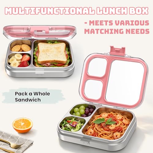 LOHASOK Kids Stainless Steel Lunch Bento Box BPA-Free Leak-Proof Tritan Lid 304 Metal Food Container with 3 Compartments for Girls Boys School,Pink - color: Pink, size: 27oz/800ml