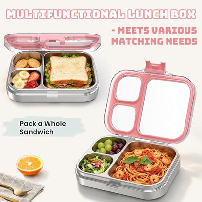 LOHASOK Kids Stainless Steel Lunch Bento Box BPA-Free Leak-Proof Tritan Lid 304 Metal Food Container with 3 Compartments for Girls Boys School,Pink - color: Pink, size: 27oz/800ml