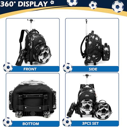 Kids Rolling Backpack for Boys Roller Backpack with Wheels Elementary Kindergarten School Students Football Trolley School Bag for Boys - color: Silver