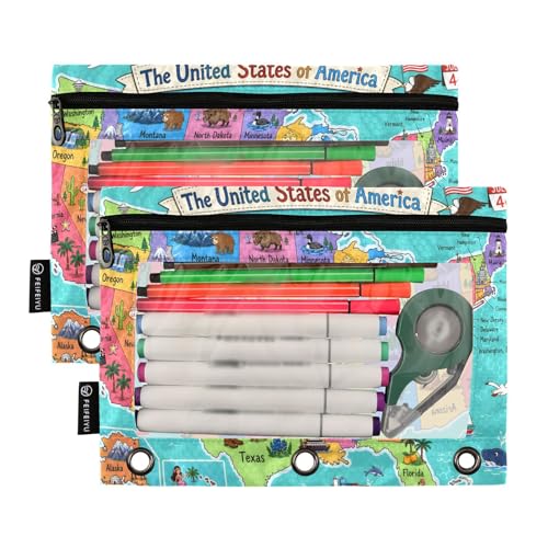 United States Map Pencil Pouch for 3 Ring Binder, 2 Pack Zipper Pencil Pouches with Clear Window Pencil Bag Case Office School Supplies - color: Multi62