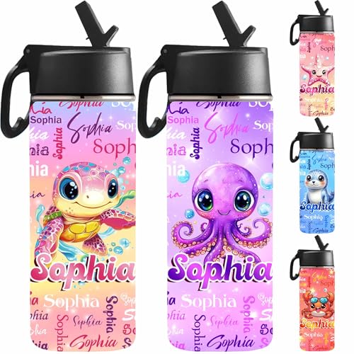 Custom Water Bottle for Kids, Personalized Marine Animals Water Bottle with Name Stainless Steel Insulated Cup for Girls Boys - color: Color_14