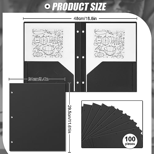 Yeaqee 100 Pcs Plastic Folders with Pockets Bulk 3 Hole Punched 2 Pocket File Folders for 3 Ring Binder Divider Folder for Notebooks, Durable Poly for Office Home (Black) - color: Black