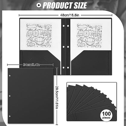 Yeaqee 100 Pcs Plastic Folders with Pockets Bulk 3 Hole Punched 2 Pocket File Folders for 3 Ring Binder Divider Folder for Notebooks, Durable Poly for Office Home (Black) - color: Black