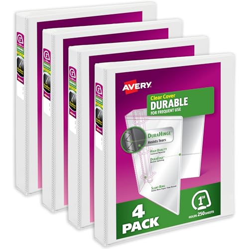 Avery Durable View 3 Ring Binders for Home, School Supplies, Office, or Organization Needs, 1" Slant Ring, 4 Pack White Binders (17575) - size: 1"