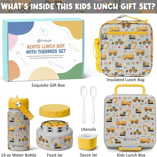 Fimibuke Bento Box for Kids Adult - Leakproof 3-4 Compartments Lunch Bento Box Set with Insulated Food Jar, Water Bottle, Lunch Bag, Sauce Cup & Cutlery for Toddler Teen Shcool Girl Boy Age 3+ - color: A7.Construction Trucks