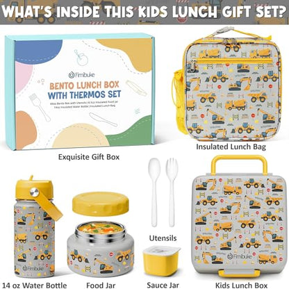 Fimibuke Bento Box for Kids Adult - Leakproof 3-4 Compartments Lunch Bento Box Set with Insulated Food Jar, Water Bottle, Lunch Bag, Sauce Cup & Cutlery for Toddler Teen Shcool Girl Boy Age 3+ - color: A7.Construction Trucks